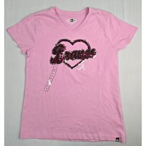 New Era Atlanta Braves Girls Pink Sequin Heart V-Neck T-Shirt XL 14/16 MLB NWT